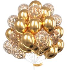 a bunch of gold and white balloons on a stick with some sparkle around the balloon