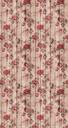 an old fashioned wallpaper with red flowers on the side and stripes in the middle