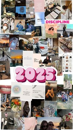 a collage of photos with the words 2095 written in pink and white on it