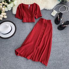 FREE SHIPPING Fashion Women Buttons Tops and Long Skirt 2pcs Set JKP1733 Set Clothes Women, Open Skirt, Long Skirt Suits, Short Design, Pakaian Feminin, Kleidung Diy, Mode Inspiration, Two Piece Dress, Looks Vintage