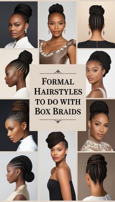 Discover chic and versatile formal hairstyles to do with box braids, perfect for any special occasion. From elegant updos to sleek ponytails and intricate braided buns, these stunning styles elevate your look while highlighting the beauty of box braids. Whether you're attending a wedding, corporate event, or a night out, find the perfect inspiration for polished, sophisticated hairstyles that are easy to recreate. Explore this collection for timeless and trendy looks tailored for formal settings, designed to make you stand out with style and grace Braids For Formal Events Black Women, Braids For Formal Events, Updos For Formal, Box Braids Updo, Braided Buns, Low Chignon, Sophisticated Hairstyles, Elegant Updos, Bold Lip Color