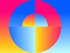 an orange and blue circle with a cross in the center on a red, yellow, and blue background