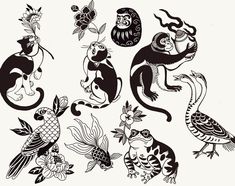 an image of monkeys and other animals with flowers on their heads, in black and white