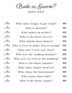 the bride or groom guess game is shown in black and white, with question marks on it