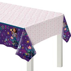 a table with a purple and white floral design on it, featuring an image of princess moan