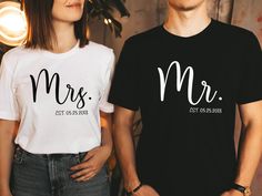 "Personalized Mr and Mrs, Custom Wifey and Hubby Shirt, Bride and Groom Est, Wife And Husband Shirts, Just Married Tshirt, Honeymoon T-shirt ⭐Please Check All Photos For Details.   🐞Choose Your T-Shirt Size From The Drop-Down Lists Next To The item Picture   ⭐Choose Of Your T-Shirt Color From The 2nd Picture   🐞Use \"Add message to Seller\" link On The Checkout Page To Send me the Following important Details For Your Order's Customization.   ⭐Shipping Time Varies by location (we are located in Sugar Land, Texas) please consider that our turn around time is 1 to 3 business days.     ⭐Which brand do you use for t-shirts? We use Gildan Soft Style, Bella Canvas Unisex, Rustic United, Outlash, Tees Factory, Hanes, Comfort Color District and Next Level when we have a shortage of stocks for cer Wedding Tshirts, Bride Top, Matching Tshirts