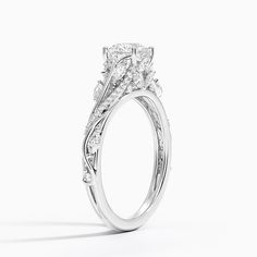 a white gold engagement ring with diamonds on the sides and an intricately designed band