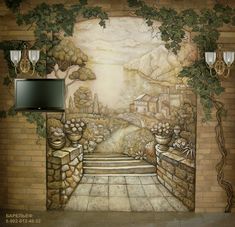 a painting on the side of a brick wall with stairs leading up to a tv