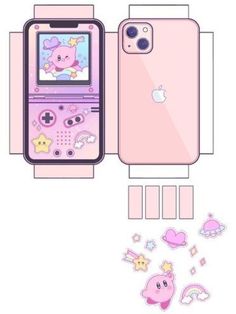 an iphone case that is pink and has stickers on the front, side, and back