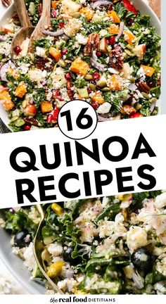 Overhead view harvest salad with quinoa and butternut squash and side view of blueberry quinoa kale salad with goat cheese. Quinoa Calories Chart, Quinoa Feta Recipes, Low Cholesterol Quinoa Recipes, Quinoa Recipes High Protein, Quinoa And Cabbage Recipes, White Quinoa Recipes, Quinoa Recipes Salad, Quinoa Recipes Easy Quick