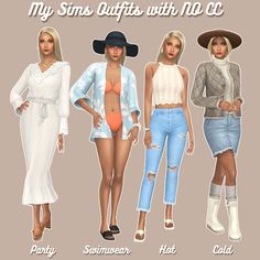 three women in different outfits standing next to each other with the caption, my sin's outfits with no cc