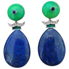 Green Turquoise Blue Sapphires Lapislazuli Green Enamels Diamonds Gold Earrings | From a unique collection of vintage Drop Earrings at https://www.1stdibs.com/jewelry/earrings/drop-earrings/. 1st Dibs, Vintage Drop Earrings, Artisan Bracelets, Chic Art, Thai Art, Hot Jewelry, Simple Chic, Diamonds And Gold, Tutti Frutti