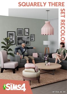 there are two people sitting on the couches in this living room with pink accents