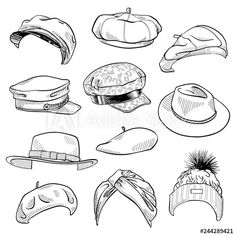 various hats drawn in black and white