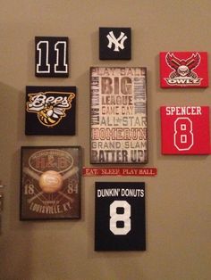 the wall is decorated with baseball memorabilia