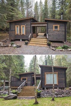 two pictures side by side of a cabin in the woods with stairs leading up to it