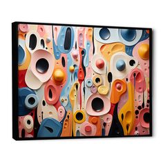 an abstract painting with lots of different shapes and sizes on the side of a wall