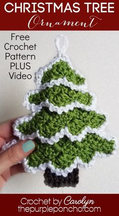 a crocheted christmas tree ornament is shown with the text, free croche