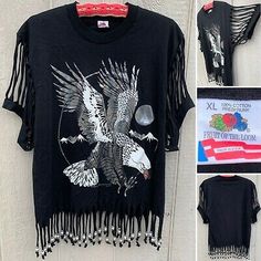 Vintage Bald Eagle T-Shirt Metallic Graphics Beaded Fringe Single Stitch XL 90s | eBay 90s Crew Neck Tops For Festivals, 90s Crew Neck Festival Tops, 90s Style Crew Neck Festival Tops, 90s Style Festival Tops With Crew Neck, Bead Fringe Shirt, Beaded Fringe Tshirt, Beaded Fringe Shirt, Fringe Tee Shirt, Casual Crew Neck T-shirt With Fringe