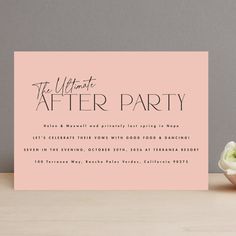 the ultimate after party card is displayed next to a vase with flowers in it on a table