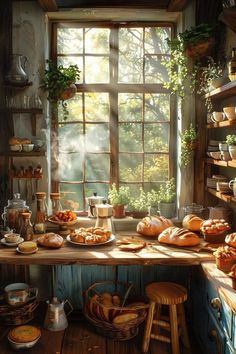 an image of a kitchen scene with breads on the counter and potted plants in the window