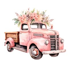 an old pink truck with flowers in the bed is painted by watercolor on paper