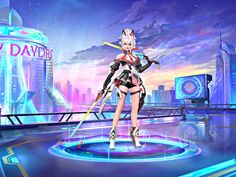 an anime character is standing on a stage in front of a cityscape with neon lights