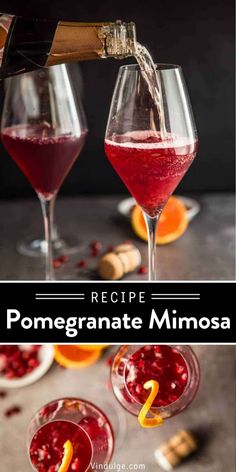 the recipe for pomegranate mimosa is being poured into wine glasses