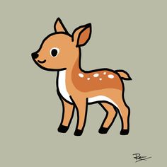 a small deer standing on top of a green surface with white dots in it's eyes