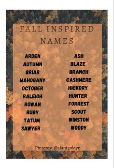 the fall inspired names are shown in this poster