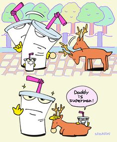 an image of two cartoon animals and one is drinking from a cup with the word daddy's superman written on it