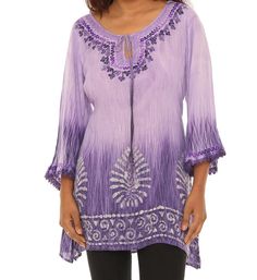 Women's Boho Embroidered Tie-dye 3/4 Sleeves Tunic Top, Plus Size Tunic Top Blouse, Casual Spring Fall Summer Wear, Women Everyday Clothing - Etsy Bohemian Blouse With 3/4 Sleeves For Summer, Bohemian 3/4 Sleeve Summer Blouse, Purple Long Sleeve Bohemian Top, Bohemian Long Sleeve Purple Tops, Bohemian Purple Long Sleeve Top, Bohemian Spring Tops With 3/4 Sleeves, Purple 3/4 Sleeve Blouse For Spring, Purple Bohemian Blouse For Spring, Bohemian Purple Blouse For Spring