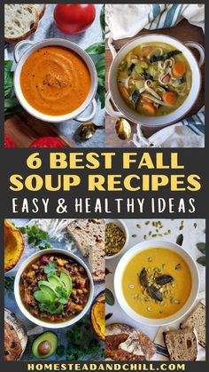 Are you looking for easy, healthy fall recipes? Come try our popular fall soup recipes, including creamy roasted tomato soup, potato leek soup, butternut squash soup, no-chicken noodle soup, kale lentil soup, roasted carrot sweet potato soup, and vegetarian pumpkin chili recipe. I'm also sharing how to make easy homemade vegetable broth from scratch. All our fall soup recipes are vegan and freezable, for easy future freezer meals. You're bound to find delicious fall cooking ideas you'll love! Fall Soup Recipes Healthy, Fall Family Meal, Healthy Mom Meals, Healthy Fall Soups, Lentil Potato, Soup Lentil, Vegetable Soup Crock Pot, Soup Recipes Healthy, Spicy Lentil Soup