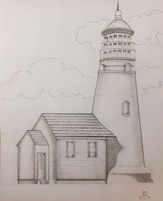 a drawing of a lighthouse with a house in the background