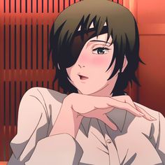 an anime character with black hair and green eyes is posing for the camera while wearing a white shirt