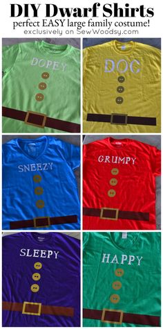 six different t - shirts with the words dopey, grumpy and sleepy on them