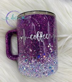 purple glitter coffee mug with the word coffee on it