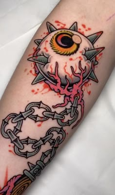 a tattoo with an evil eye and chain on the arm