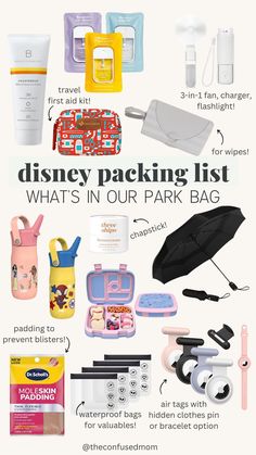 the disney packing list is full of things to pack in your park bag, including an umbrella and other items