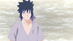 an anime character with black hair wearing a hoodie in front of some water and snow