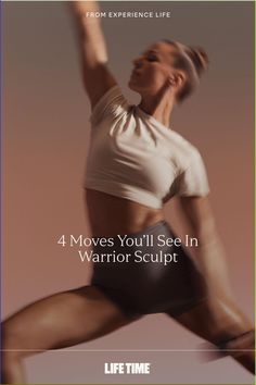 a woman in white shirt and black shorts doing a yoga pose with her arms up