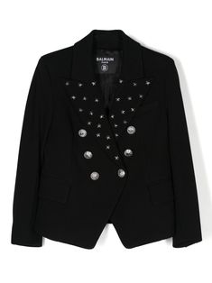 black star stud embellishment peak lapels shoulder pads long sleeves faux buttoned cuffs chest welt pocket two front flap pockets logo-jacquard lining silver-tone hardware lion-embossed buttons double-breasted button fastening Luxury Long Sleeve Blazer With Snap Buttons, Designer Winter Blazer With Snap Buttons, Luxury Winter Blazer With Snap Buttons, Girls Blazers, Blazer Black, Star Studs, Black Star, Girls Jacket, Black Blazers