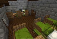 an image of a room in the minecraft with beds and desks on each side