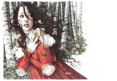 a drawing of a woman in a red dress with long black hair and white make - up