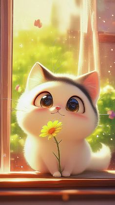 a white cat sitting on top of a window sill next to a yellow flower