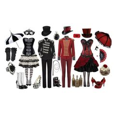 an assortment of costumes and accessories for a costume party