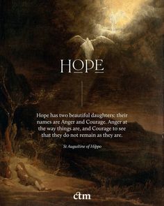 a painting with the words hope and an angel above it, in white lettering on a black background