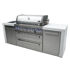 an outdoor grill with two burners and one oven on the side, in front of a white background