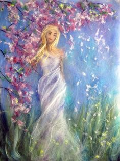 a painting of a woman in a white dress standing next to some pink and purple flowers