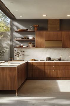 a modern kitchen with wooden cabinets and white counter tops, along with open shelves on the wall